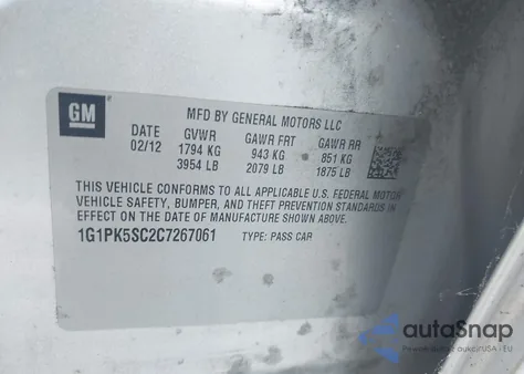 2012 Chevrolet Cruze Eco из США, поврежденный, VIN 1G1PK5SC2C7267061